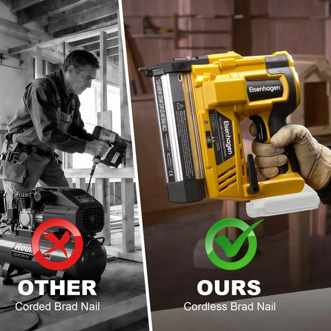 Slick 2In1 Cordless Brad Nailer And Staple Gun Works With 20V Batteries For Woodworking And Home DIY Tasks No Sweat Operation Includes 1000 Nails side-by-side comparison of cordless and corded brad nailers during use.