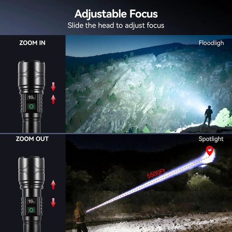 Rechargeable LED Flashlight With Zoomable Beam And Five Modes Including High Medium Low Strobe And SOS USB C Fast Charge Ultra Bright Tactical light beam demonstrating zoom focus.