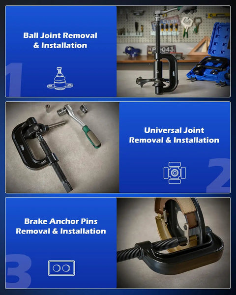 Heavy Duty Ball Joint Press Kit With 4WD Adapters for Cars and Light Trucks Easy, No Fuss Ball Joint Removal Tool infographic