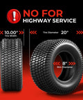 Heavy Duty Lawn Mower Tires 20x10-8 Tubeless 4 Ply Set Of 2 With Grippy Turf Tech Traction For Grass, Max Load 1190 Lbs At 22 PSI, Durable Rubber, Turf Friendly Grip For Smooth Yard Work. Black 20x10-8 tubeless 4-ply lawn mower tire with 10" width and 8" rim