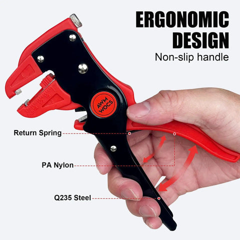 Closeup of a 2 In 1 Wire Stripper And Cutter Quickstrip Tool in hand, highlighting ergonomic design with PA nylon and Q235 steel components.