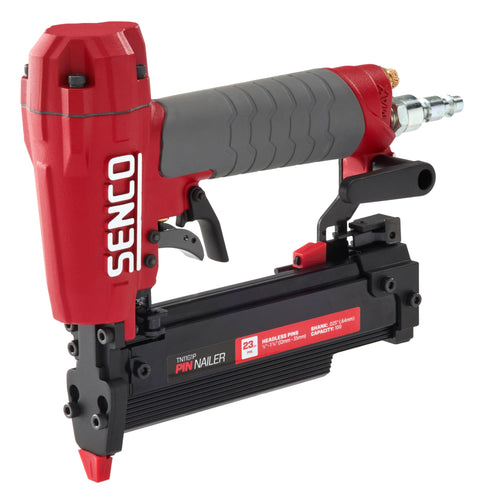 Red and black Delicate Trim 23 Gauge Pneumatic Pin Nailer, 1-3/8 Inch Pins, Oil-Less Air Nailer for fine molding on white background.