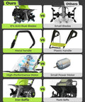 Comparison chart of our 18 Inch Electric Tiller with 13.5 Amp Motor vs others, highlighting steel tines and foldable handle features.