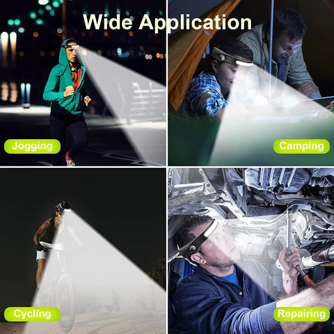 Rechargeable Double Headlamps With Sensor in use for jogging, camping, cycling, and repairing, showing 230 degree wide beam.