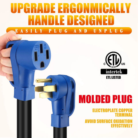 Heavy Duty 50 Amp Rv Ev Extension Cord Nema 14 50P To 14 50R 3Ft Power Cable with ergonomic blue handles for easy use.