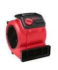 Heavy Duty Three Speed Floor Fan With 156W 550 CFM Air Mover, red and black, front view, for quick drying and cooling.