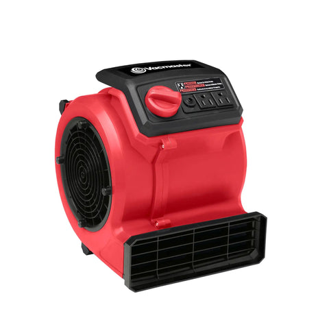 Heavy Duty Three Speed Floor Fan With 156W 550 CFM Air Mover, red and black, front view, for quick drying and cooling.