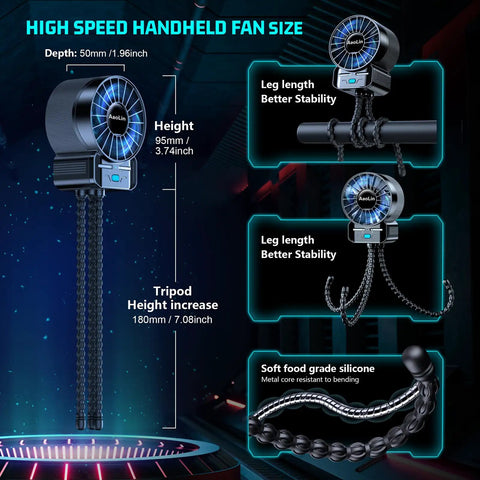 Two Pack Portable Stroller Fans With Extendable Tripod Clip showing measurements and tripod flexibility