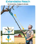 Man using Cordless 8 In 1 Garden Tool Kit With Long Reach Pole Saw Hedge Trimmer Pruner And Grass Shears in a field