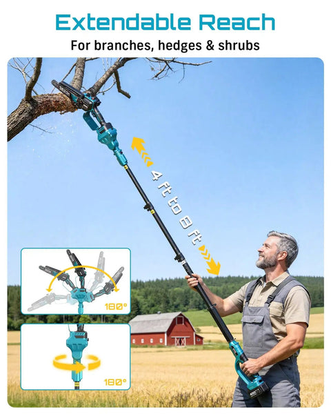 Man using Cordless 8 In 1 Garden Tool Kit With Long Reach Pole Saw Hedge Trimmer Pruner And Grass Shears in a field