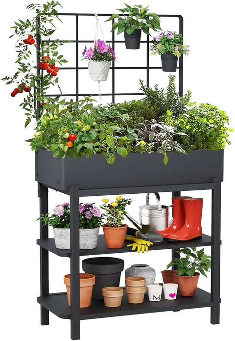 Metal Raised Garden Bed With Trellis And 2 Tier Storage Shelf, Elevated Planter Box On Legs, Includes 3 Flower Pots, Outdoor Vertical Garden For Vegetables Herbs And Climbing Plants On Patio Or Balcony No Fuss Setup view with plants and tools.
