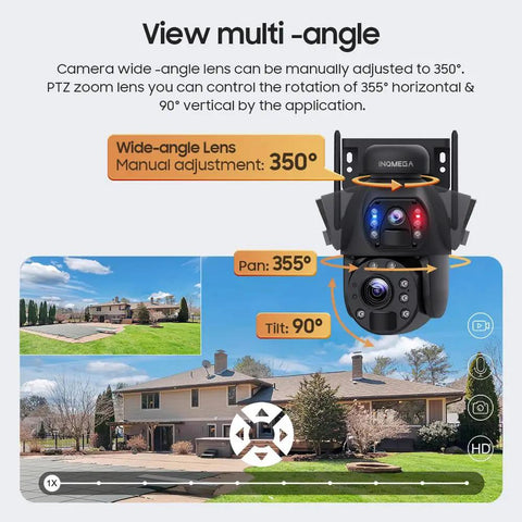 Rugged 4G LTE Solar Security Camera With 50X Optical Zoom, 6MP HD, color night vision, showing wide-angle and tilt capabilities over house view
