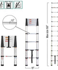 12.5 Foot Telescoping Ladder With One Button Retraction Aluminum Extendable Ladder shown fully extended and collapsed