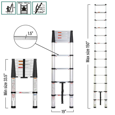 12.5 Foot Telescoping Ladder With One Button Retraction Aluminum Extendable Ladder shown fully extended and collapsed