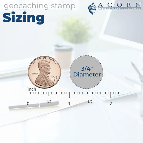 Geocache Found Log Stamp Kit Self-Inking 3/4 Inch Stamp With 11 Vibrant Ink Colors size comparison with coin and ruler