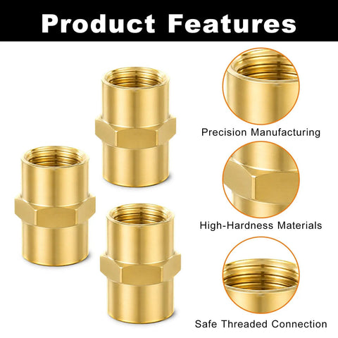 Heavy Duty 1/4 Inch NPT Female To Female Brass Hex Coupler Pipe Fitting 8 Pack Air Hose Adapter showing precision manufacturing features.