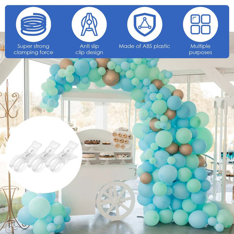 Heavy Duty 30 Pack Clear Balloon Arch Clips Kit With Invisible Spring Clamps For Weddings Parties And Beach Towels Holding Backdrops Quilts Photography Props securely without ruining your vibe. clear ABS balloon arch clips on decorated balloon display
