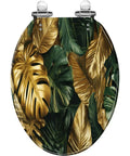 Elongated Resin Toilet Seat for Bathroom with gold and green leaf design, round shape measuring 14.5" x 18.5".