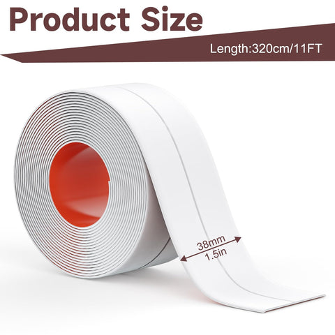 Waterproof Caulk Tape Self Adhesive 2 Rolls White 1.5 Inch By 10.5 Feet Each, roll showing width and length dimensions