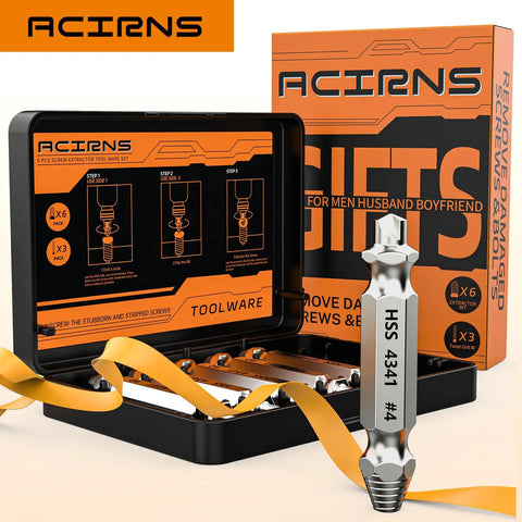 Damaged Screw Extractor Kit Must Have for Stripped Rusty Screws 9 Piece Set From ACIRNS With HSS 4341 Extractors And Twist Drill Bits For Easy Use Great Gift For Dad From Daughter Or Son Fathers Day displayed in open box with instructions