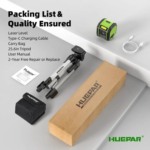 Laser Level With 25.6 Inch Tripod and Rechargeable Battery, Self Leveling 100 Ft Green Cross Line Tool for Picture Hanging, Tile, and Home Renovation, Perfect Fathers Day Gift for Dad and DIY Pro. Pack contents shown