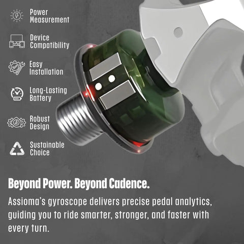 Close-up of Uno Single-Sided Power Meter Pedal showing gyroscope with text on features including measurement and design.