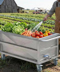 Industrial Stainless Steel Utility Cart With Locking Swivel Wheels And Deep Soak Tank built for heavy hauling, filled with fresh vegetables.