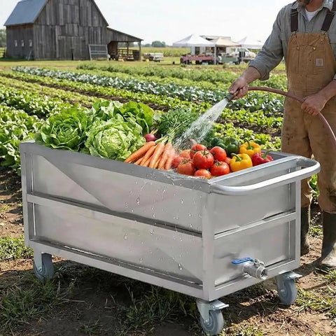 Industrial Stainless Steel Utility Cart With Locking Swivel Wheels And Deep Soak Tank built for heavy hauling, filled with fresh vegetables.