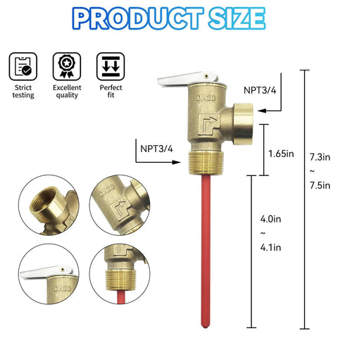 Brass 3/4-inch T&P pressure relief valve with extended probe for hot water heater; red probe line, NPT3/4 threads.