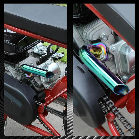 Exhaust Pipe Kit For Predator 212cc And 196cc OHV Clones, rainbow finish installed on go kart engine side view