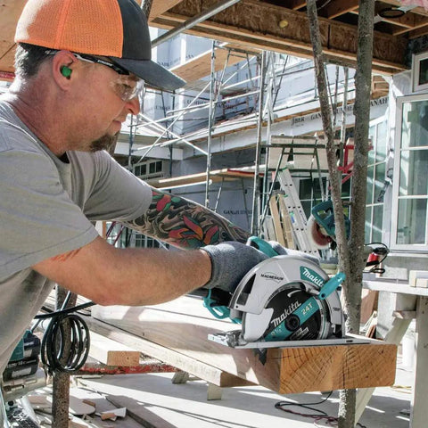 Professional 8 1 4 Inch Magnesium Circular Saw With Electric Brake and Dual LED Cut Line Lights in use on lumber.