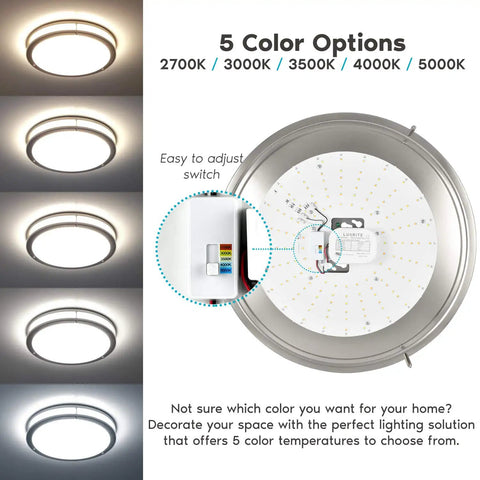 18 Inch LED Flush Mount Ceiling Light With Five CCT Modes 2700K To 5000K Dimmable 24W 2160 Lumens Energy Star ETL Listed Easy Switch Modern Home Lighting with color temperature options.