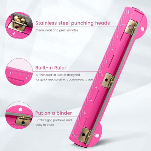 3 Hole Punch For Ring Binders With Built In Ruler, Handy Portable Paper Puncher, Deep Pink with stainless steel heads