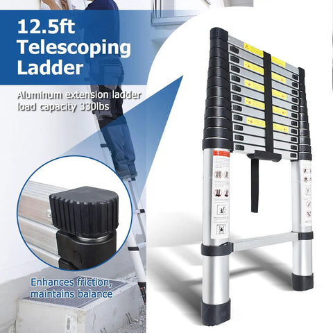 12.5 Foot Telescoping Aluminum Ladder With One Button Retraction Collapsible Extension Ladder For Indoor And Outdoor Use Lightweight Rust Resistant Easy To Carry And No Fuss Setup shown with close-up of adjustment knob.