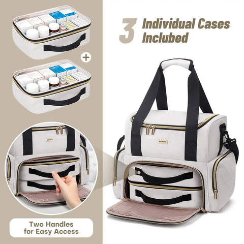 Large Medicine Storage Bag With Two Removable Cases Travel Organizer With Multiple Compartments Durable Beige With Shoulder Strap And Handles