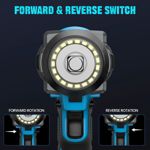 Cordless Impact Wrench Brushless Motor Brings Badass 480 Ft Lbs Torque And 3500 Rpm Speed With A Tough 1/2 Inch Drive showing forward and reverse switch.