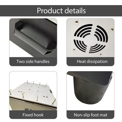 Product details of Heavy Duty Vertical Vibration Testing Rig With Smart Programmable Console: handles, heat dissipation, fixed hook, non-slip foot mat.