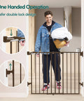Person using Auto Close Baby and Dog Gate for Stairs and Hallways 2 In 1 Swing Doorway and Hallway Pet Gate With Extra Wide Walk Through
