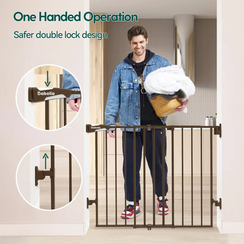Person using Auto Close Baby and Dog Gate for Stairs and Hallways 2 In 1 Swing Doorway and Hallway Pet Gate With Extra Wide Walk Through