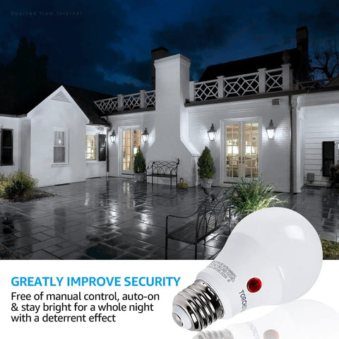 Outdoor Dusk To Dawn A19 LED Light Bulbs with Photocell Sensor Auto On Off for Exterior Lighting shown on nighttime house