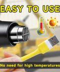 Close-up of a heat gun and yellow USB cable from Dope All In One Heat Shrink Tubing Kit With Six Sizes And Assorted Colors For Electronics And Home Wiring Waterproof And Insulated Cut To Fit Easily Durable Cable Protection For Wires Cables And Soldered Joints