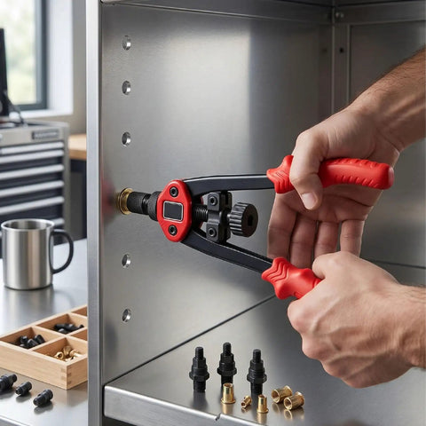 Using Heavy Duty Rivet Nut Tool Set 13 Inch Carbon Steel Kit With M3 M12 Mandrels to install rivet in metal sheet