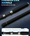 Close-up of premium EVA handle on the 4 Piece Travel Spinning Rod for Freshwater and Saltwater, with corrosion-resistant reel seat.