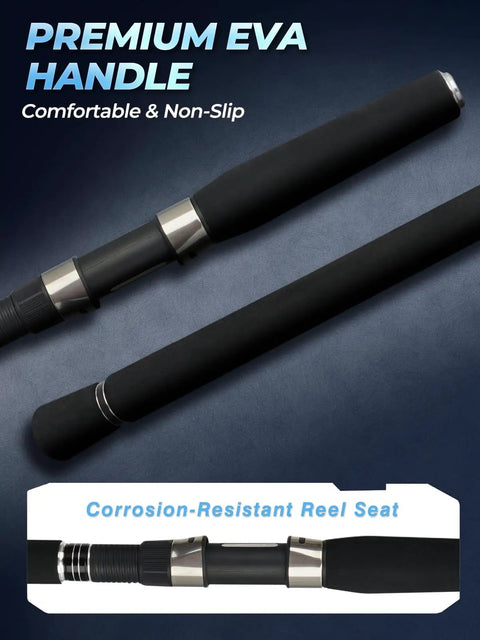 Close-up of premium EVA handle on the 4 Piece Travel Spinning Rod for Freshwater and Saltwater, with corrosion-resistant reel seat.