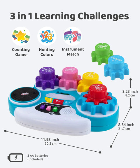 Screen Free Kids DJ Mixer And Manual Music Gear Station Featuring Twin Beat Sliders Scratch Wheel And Interactive Ear Training For Young Pros Whose Grooves Always Hit Different, colorful buttons and rotary controls.