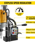 Badass 1100W Magnetic Drill Press 40mm Core Drilling Machine Stepless Speed with speed indicator and controls