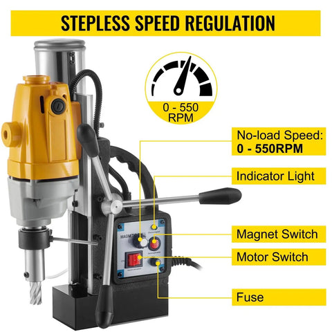 Heavy Duty 40Mm Magnetic Drill Press With Powerful 1100 Watt Motor And Stepless Speed Control For Precise Bench Drilling On Steel Jobs, showing speed controls.