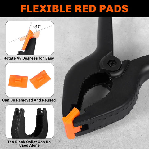 Close-up of Ten Pack Heavy Duty Spring Clamps Set With Three Sizes 6.5 Inch 4.5 Inch And 3.5 Inch Plastic Backdrop Clips with orange pads.