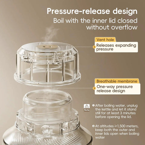 Close-up of On The Go 1Liter Electric Kettle lid showing pressure-release design with vent hole and breathable membrane.