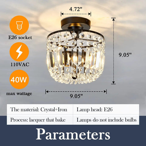 Totally Chic Crystal Chandelier Two Light Modern Semi Flush Mount Ceiling Fixture for Hallway Kitchen Foyer Black Finish